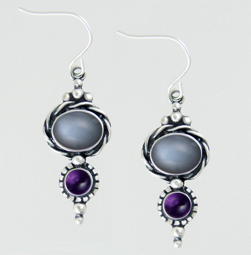 Sterling Silver Drop Dangle Earrings With Grey Moonstone And Amethyst